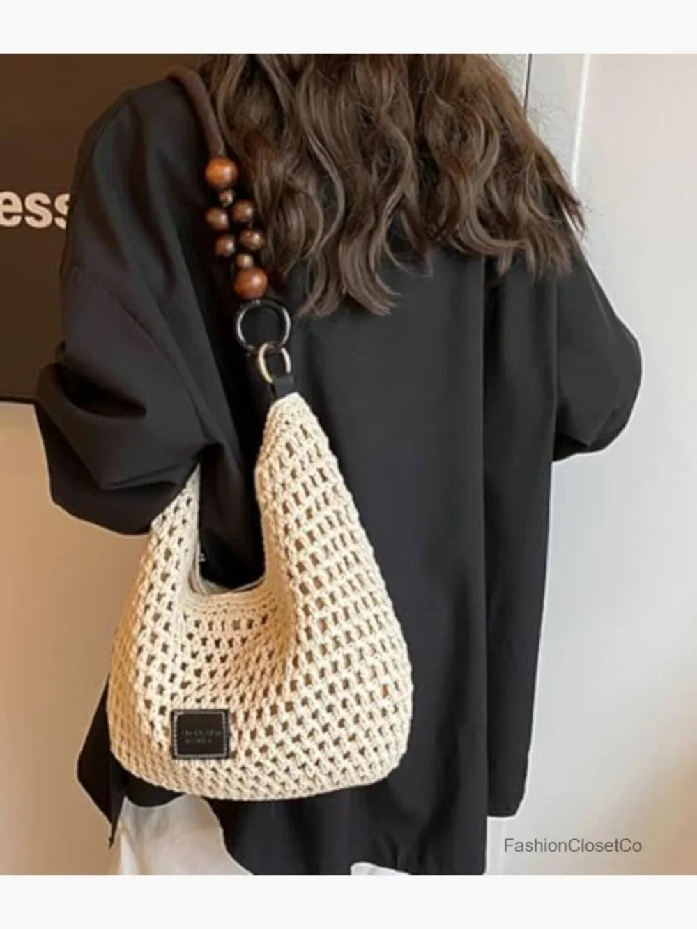 Crochet Woven Cotton Mesh Hobo Bag Bead Handmade Summer Beach Purse
